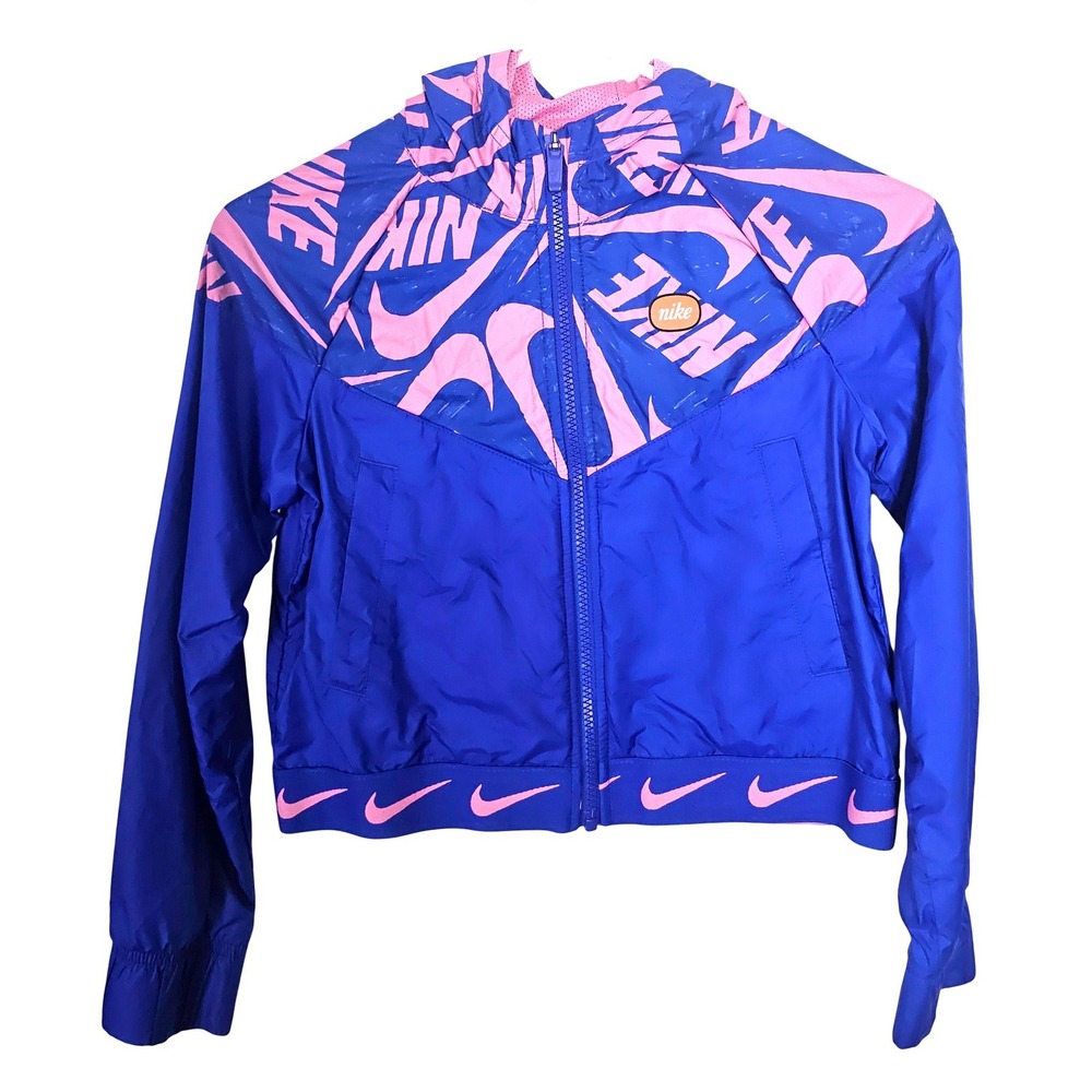 Nike Girls Blue Pink Cropped Hooded Windbreaker Jacket Medium Athletic Sporty